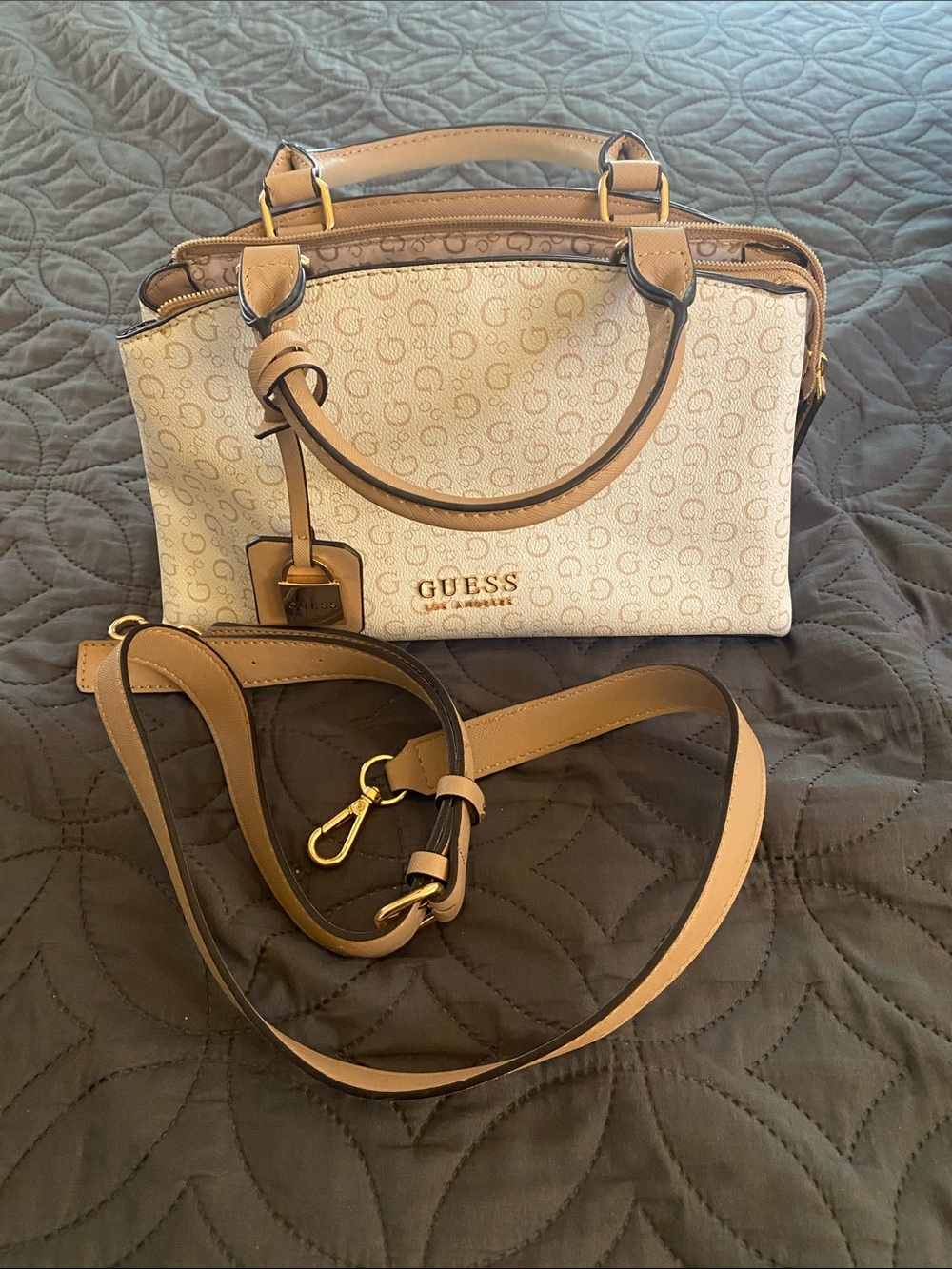 GUESS Cream & Tan Logo Satchel with Detachable Strap